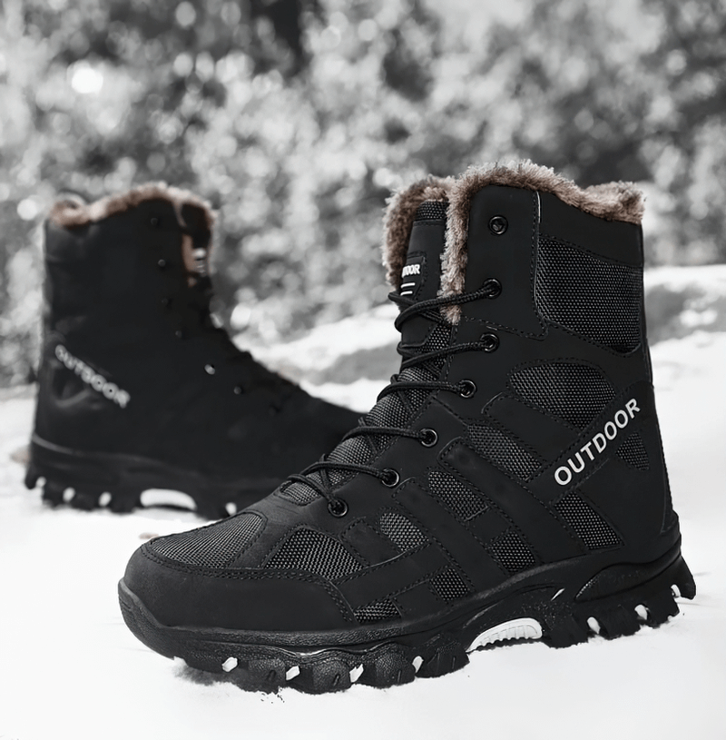 Waterproof Men's Motorcycle Boots with plush lining, lace-up closure, and rubber sole for winter comfort and durability.
