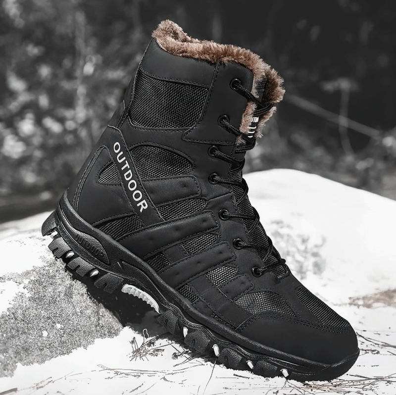 Men's waterproof motorcycle boot with plush lining, lace-up closure, and durable canvas upper. Perfect for winter adventures.