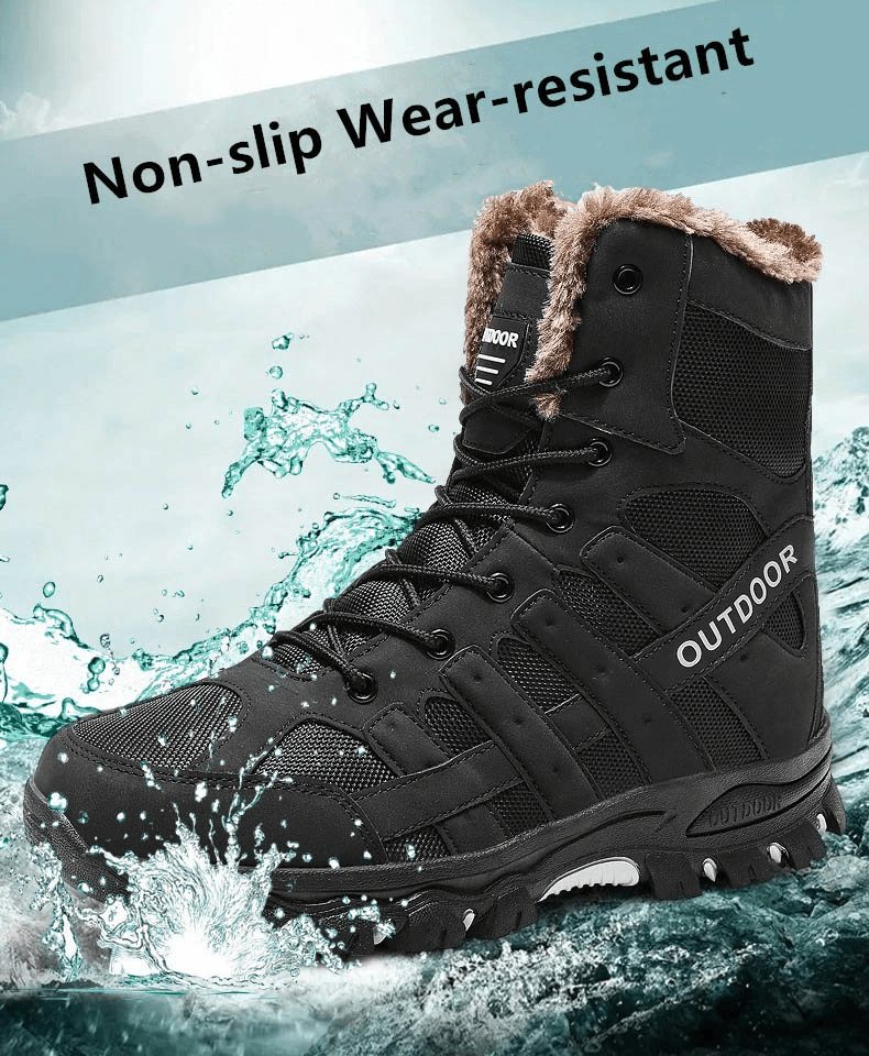 Waterproof men's motorcycle boots with warm plush, non-slip sole, and wear-resistant black design. Perfect for winter riding.