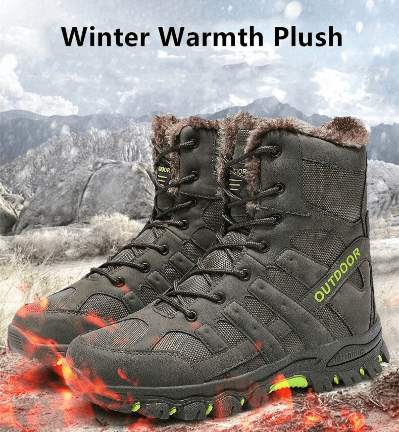Waterproof men's motorcycle boots with plush lining, durable canvas, and rubber outsole, perfect for winter warmth and outdoor adventures.