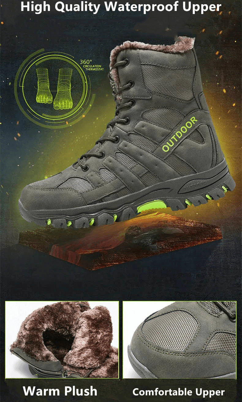 Waterproof men's motorcycle boots with plush lining, durable canvas upper, rubber outsole, and lace-up closure for winter comfort.