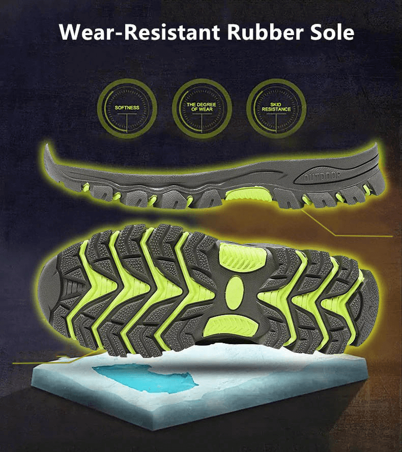 Wear-resistant rubber sole of men's motorcycle boots with green and black traction design for durability and grip.