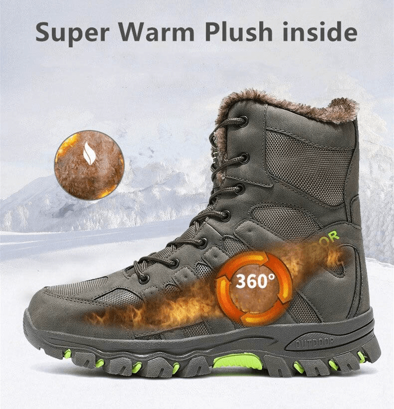 Waterproof men's motorcycle boots with warm thick plush lining, durable canvas upper, and rubber outsole, ideal for winter snow.