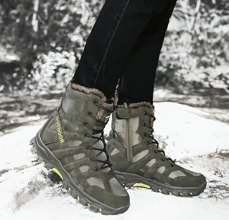 Waterproof men's motorcycle boots with warm plush lining and lace-up closure, perfect for winter hunting or snow adventures.