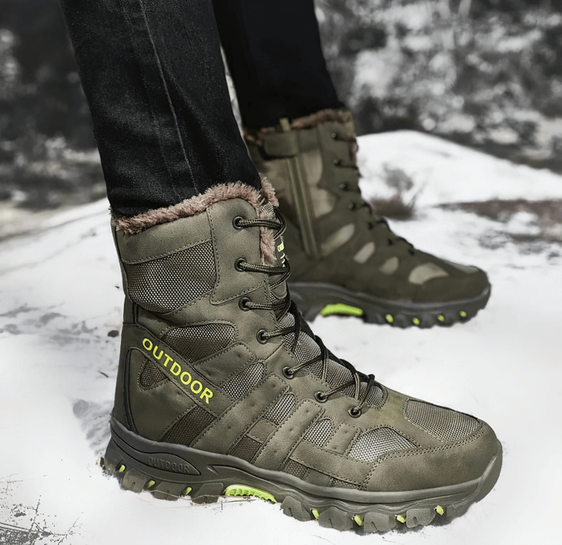 Stylish waterproof men's motorcycle boots with plush lining, lace-up closure, and rugged outsole, perfect for winter adventures.