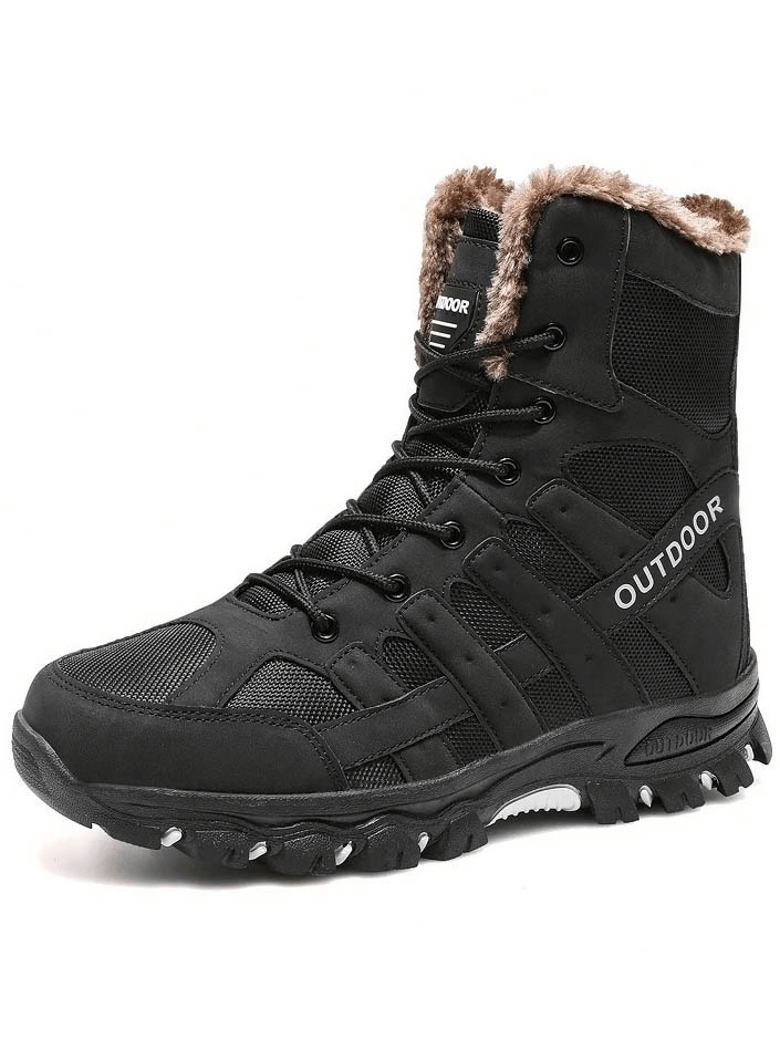 Men's black motorcycle boot with waterproof upper, plush lining, and lace-up closure. Perfect for winter adventures - SF0696.