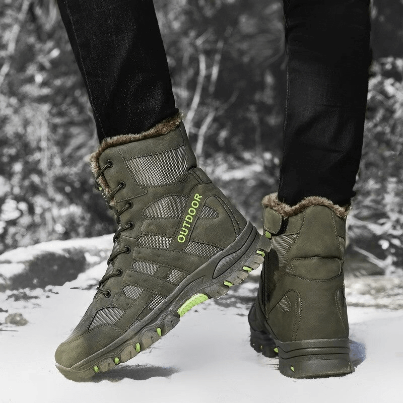 Waterproof men's motorcycle boots with warm plush lining, lace-up closure, and durable sole for outdoor adventures in snow.