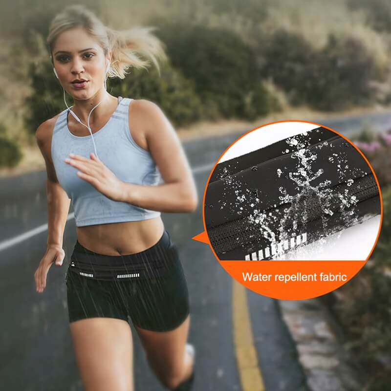 Woman running with waterproof waist bag, showcasing water-repellent fabric. Ideal for outdoor sports and essentials storage.