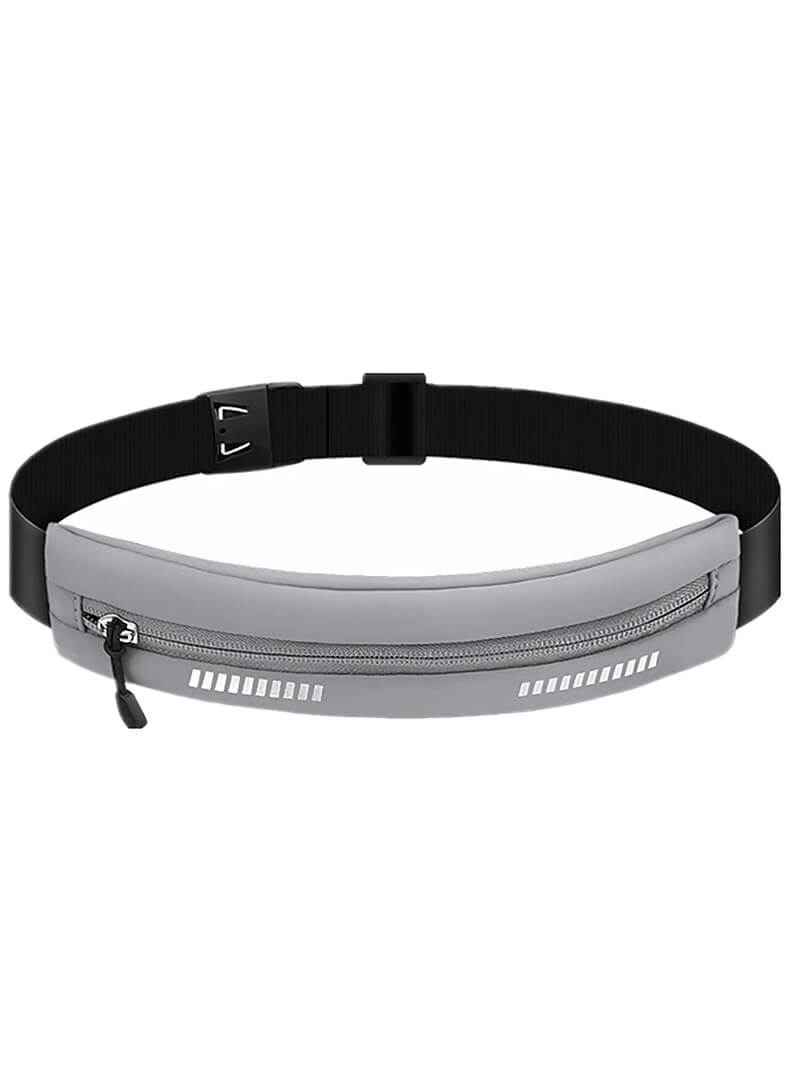 Gray waterproof waist running bag for outdoor sports, holds phones up to 7 inches, unisex design, nylon material, stylish and practical.