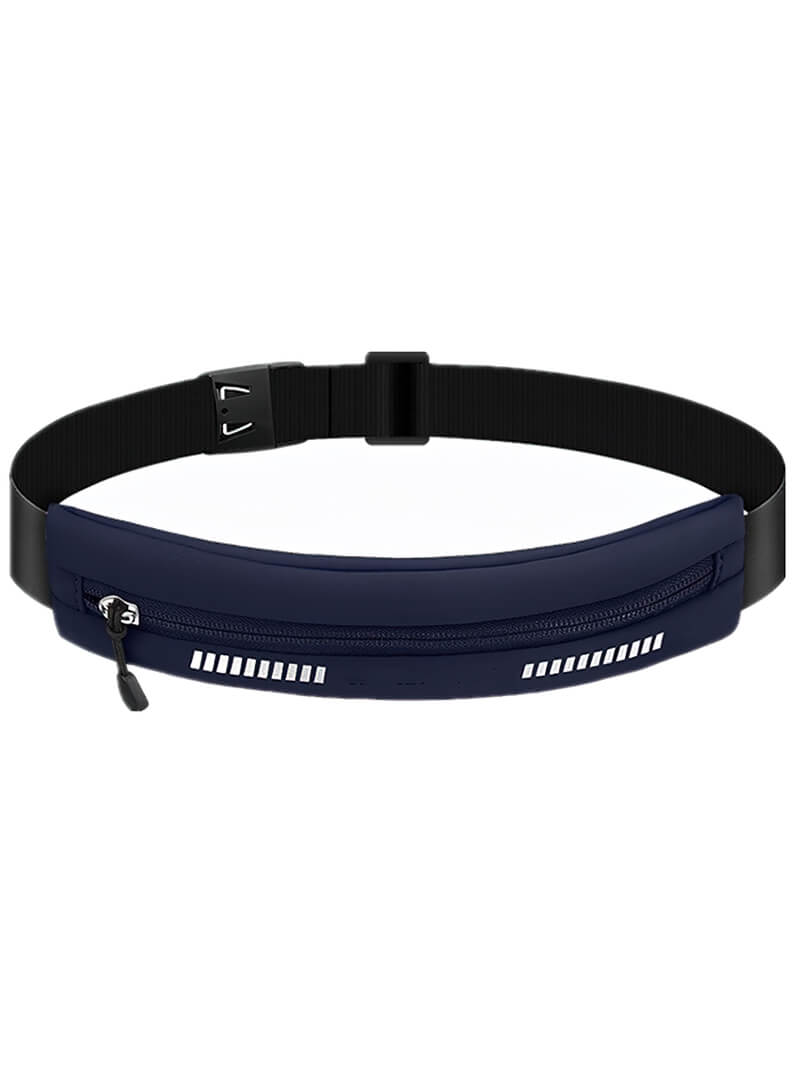 Navy waterproof waist running bag for men and women, ideal for outdoor sports, fits phones up to 7 inches, nylon material.