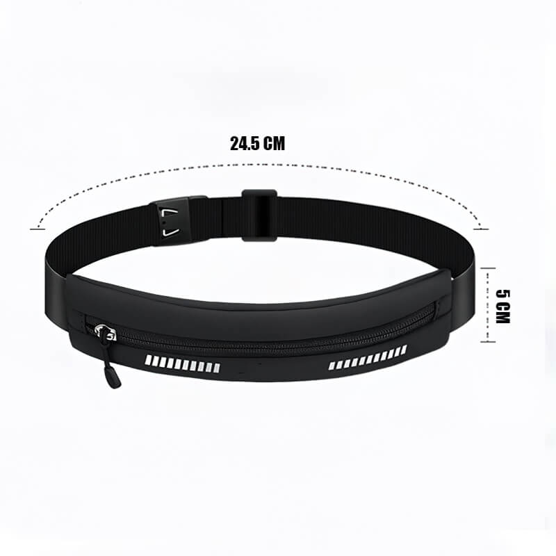 Black waterproof waist running bag for outdoor sports, fits phones up to 7 inches, unisex nylon accessory, product code SF0489.