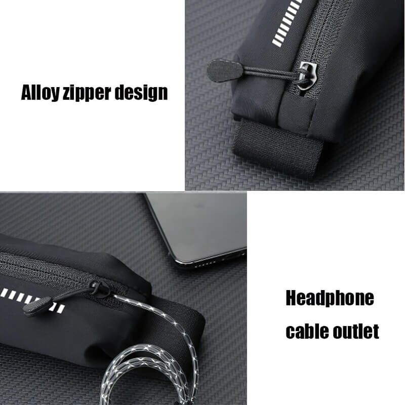 Close-up of black waterproof running bag with alloy zipper and headphone cable outlet, ideal for outdoor sports.
