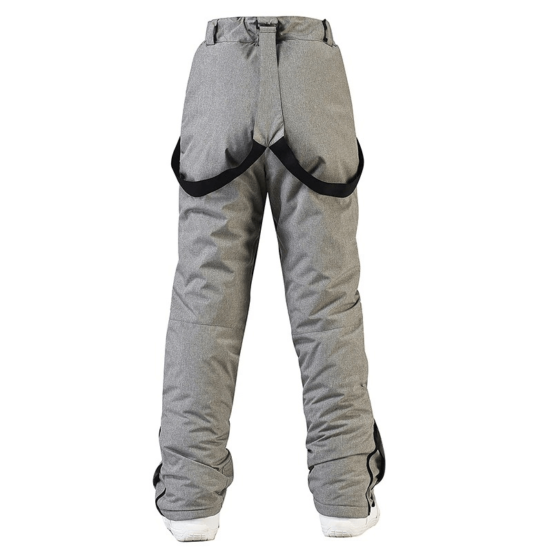 Rear view of waterproof warm snowboarding trousers with waist protection, featuring adjustable straps and full-length coverage.