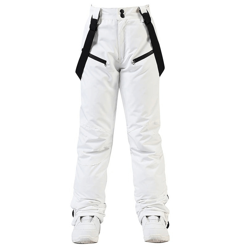 White waterproof warm snowboarding trousers with adjustable waist and waist protection, designed for extreme conditions. SF0688 model.