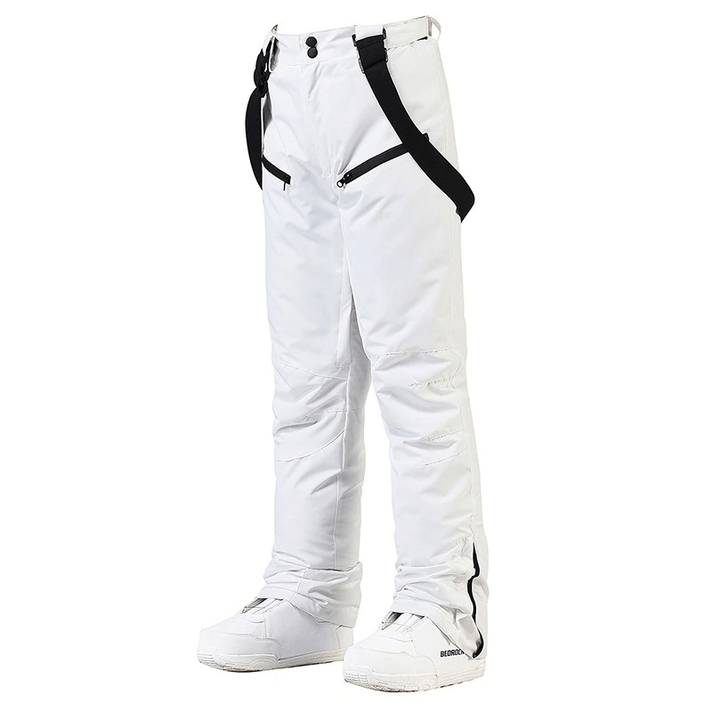 White waterproof warm snowboarding trousers with waist protection and adjustable features for extreme weather conditions.