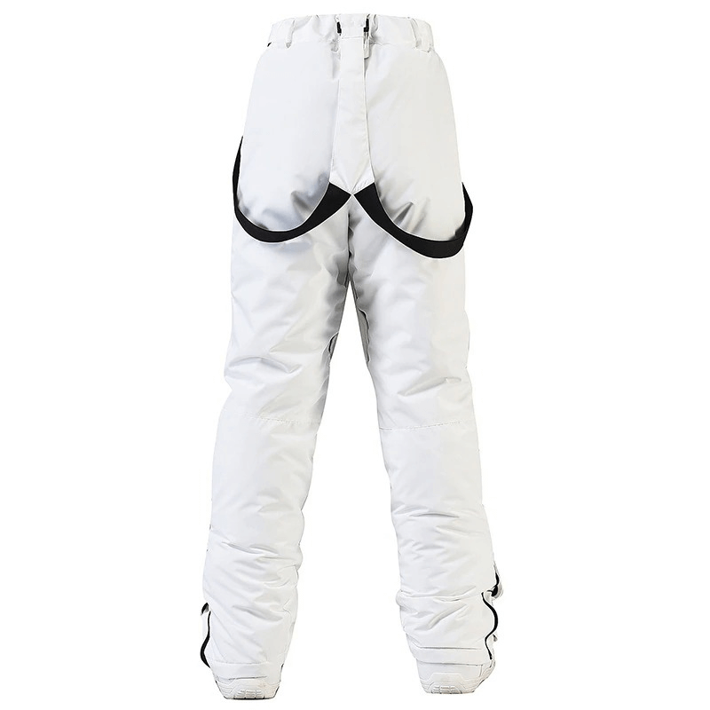 White waterproof snowboarding trousers with waist protection, featuring adjustable waist and full coverage. Perfect for extreme conditions.