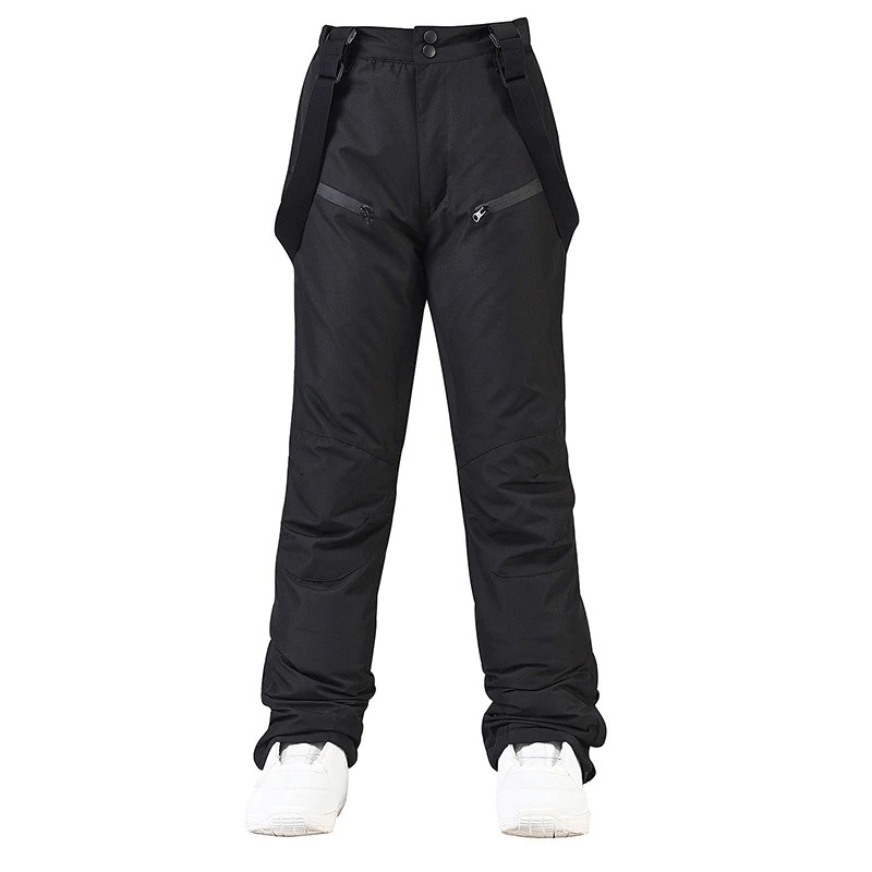 Black waterproof snowboarding trousers with waist protection, featuring zipper fly and adjustable straps, ideal for winter sports.