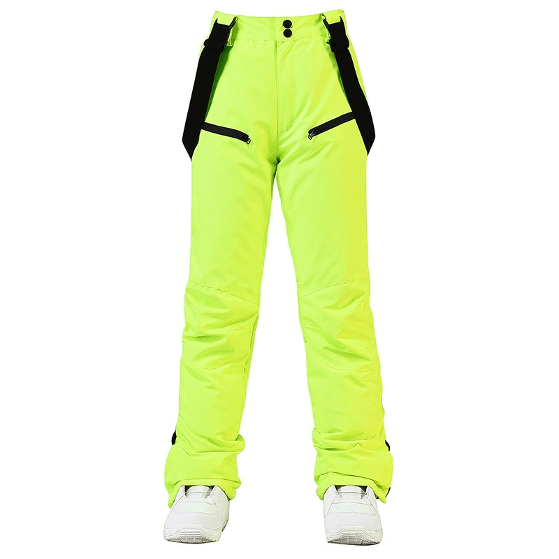 Bright green waterproof snowboarding trousers with waist protection, featuring adjustable waist and zip closure, perfect for skiing.