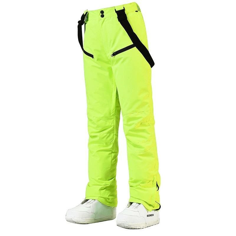 Bright yellow waterproof and warm snowboarding trousers with adjustable waist for skiing, featuring a stylish design.