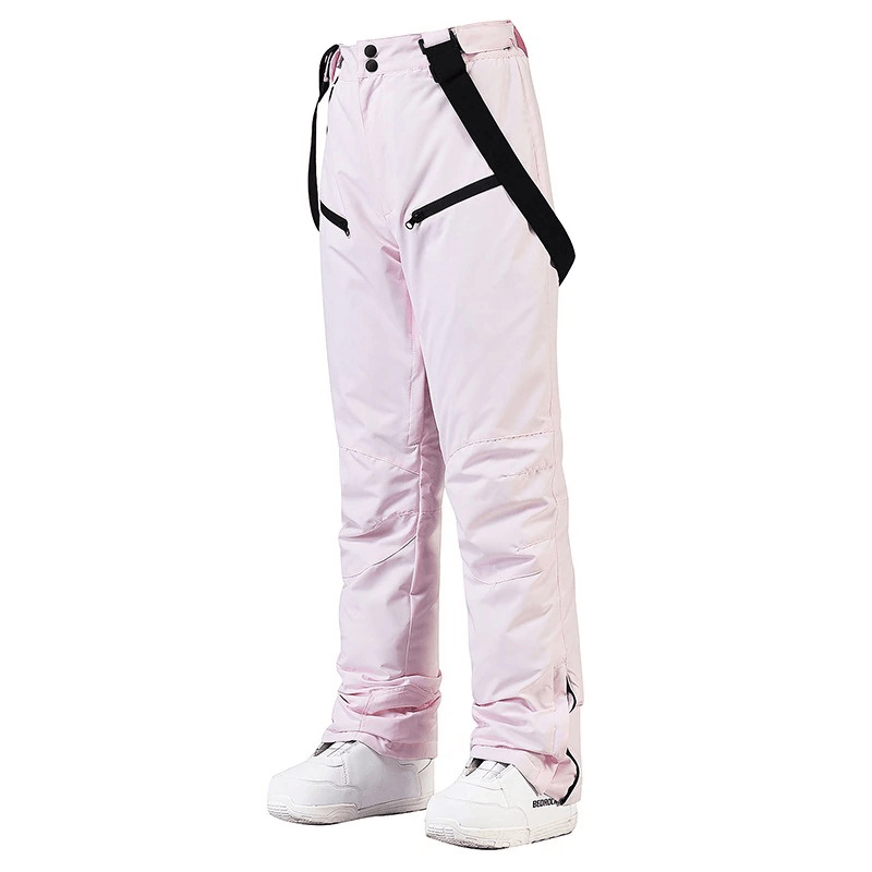 Pink waterproof snowboarding trousers with waist protection and adjustable straps, displayed in front view.
