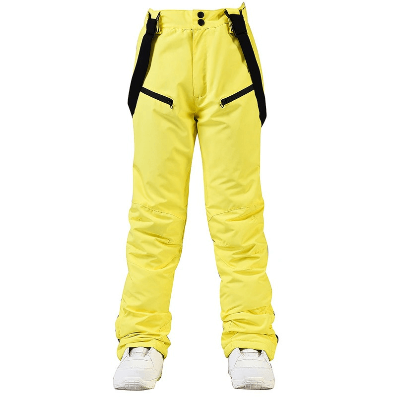 Bright yellow waterproof warm snowboarding trousers with waist protection, ideal for skiing in extreme weather conditions.