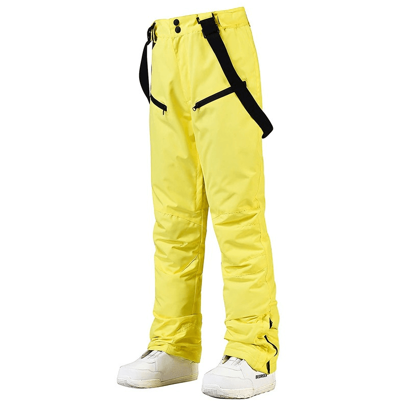 Yellow waterproof warm snowboarding trousers with waist protection and black straps, ideal for winter sports.