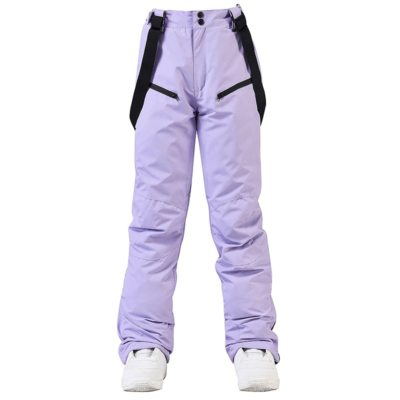 Purple waterproof warm snowboarding trousers with waist protection and adjustable features for skiing.