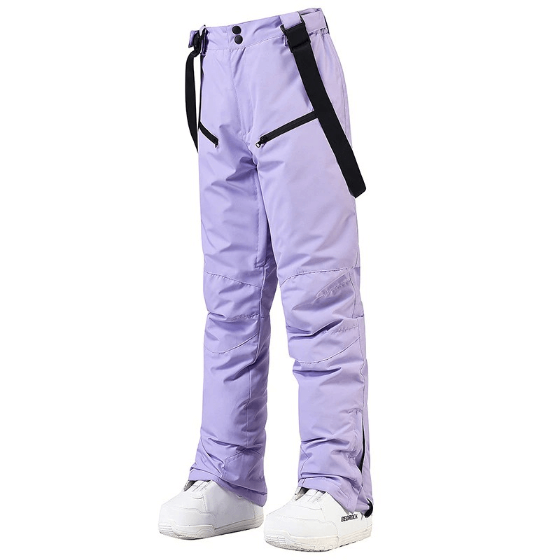 Purple waterproof warm snowboarding trousers with waist protection, full length, adjustable waist, zipper fly closure, ideal for skiing.
