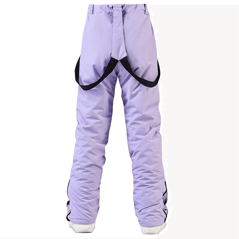 Waterproof purple snowboarding trousers with waist protection, designed for warmth and comfort in extreme weather conditions.