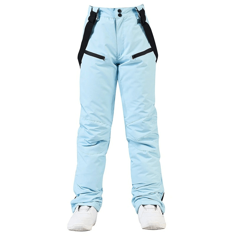 Light blue waterproof warm snowboarding trousers with waist protection, perfect for skiing in extreme conditions.