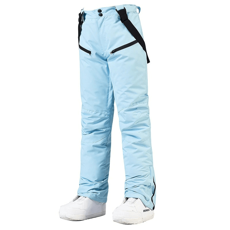 Light blue waterproof warm snowboarding trousers with waist protection, featuring adjustable straps and zipper pockets.