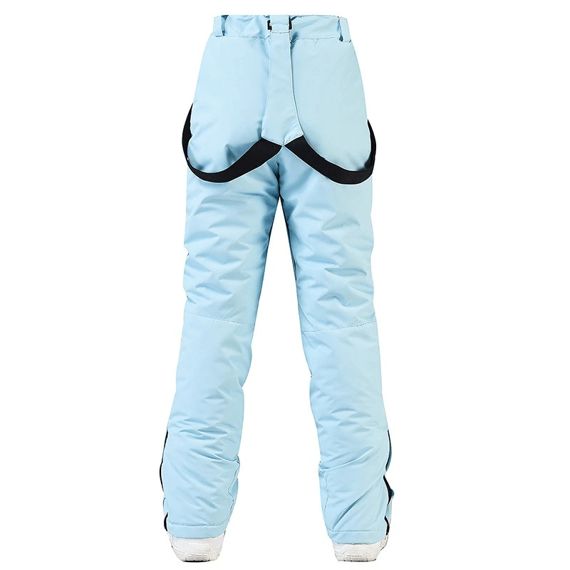 Light blue waterproof warm snowboarding trousers with waist protection, featuring adjustable waist and full-length coverage, ideal for skiing.