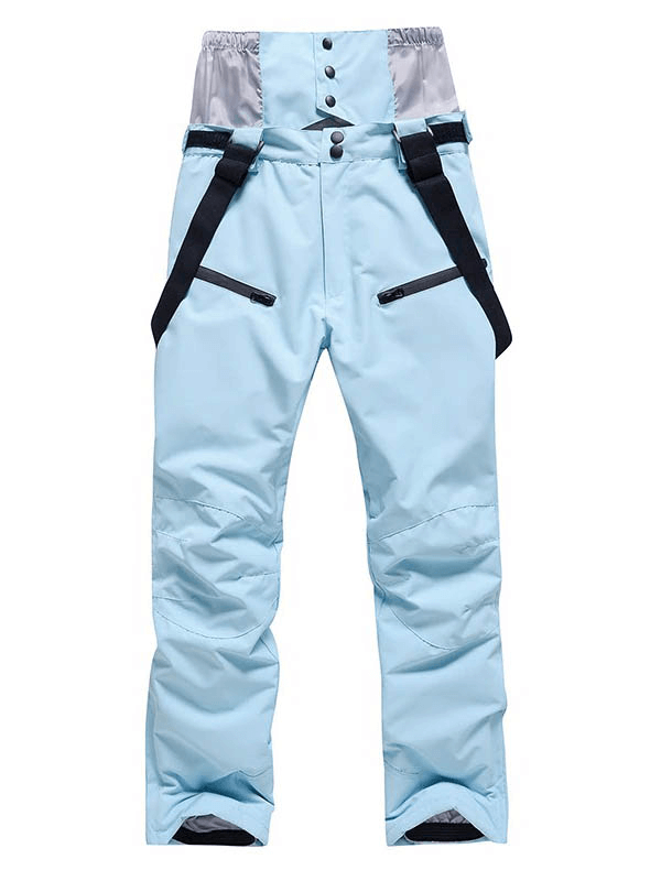 Light blue waterproof warm snowboarding trousers with waist protection, adjustable waist, and full-length coverage.