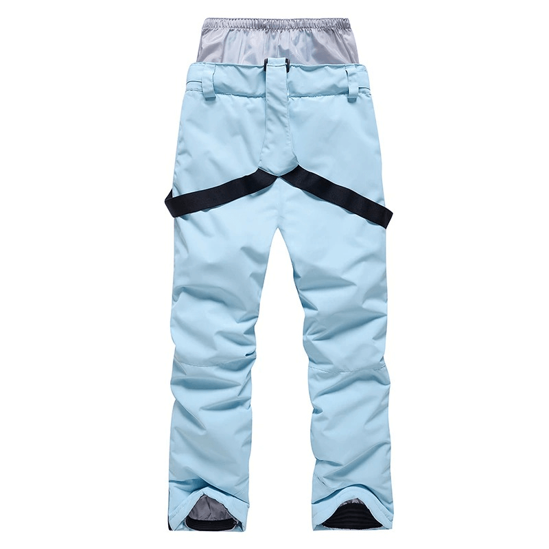 Light blue waterproof snowboarding trousers with waist protection, designed for extreme conditions and full coverage.