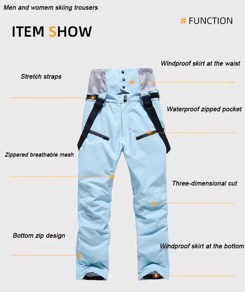Waterproof snowboarding trousers with waist protection, featuring stretch straps, zipped pockets, and three-dimensional cut.