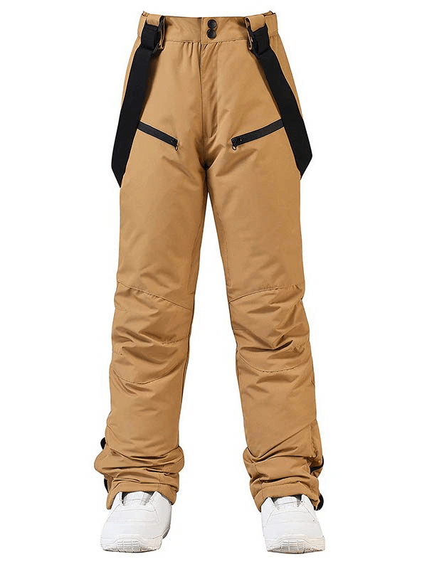 Beige waterproof warm snowboarding trousers with waist protection, featuring adjustable waist and zipper fly closure for extreme conditions.