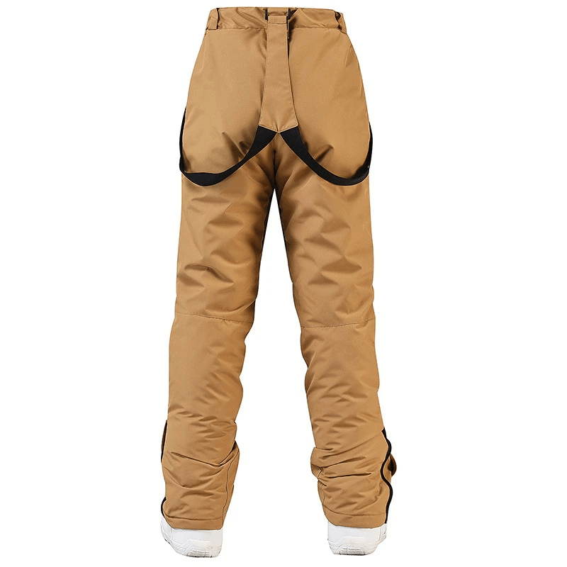 Back view of waterproof warm snowboarding trousers with waist protection, SF0688, in tan color. Ideal for skiing in extreme conditions.