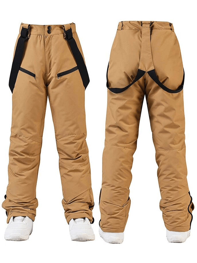 Waterproof warm snowboarding trousers with waist protection in brown - front and back view.