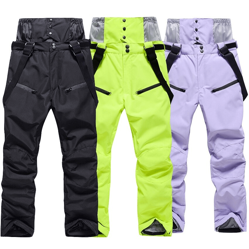 Colorful waterproof snowboarding trousers with waist protection and adjustable features, ideal for extreme winter sports.