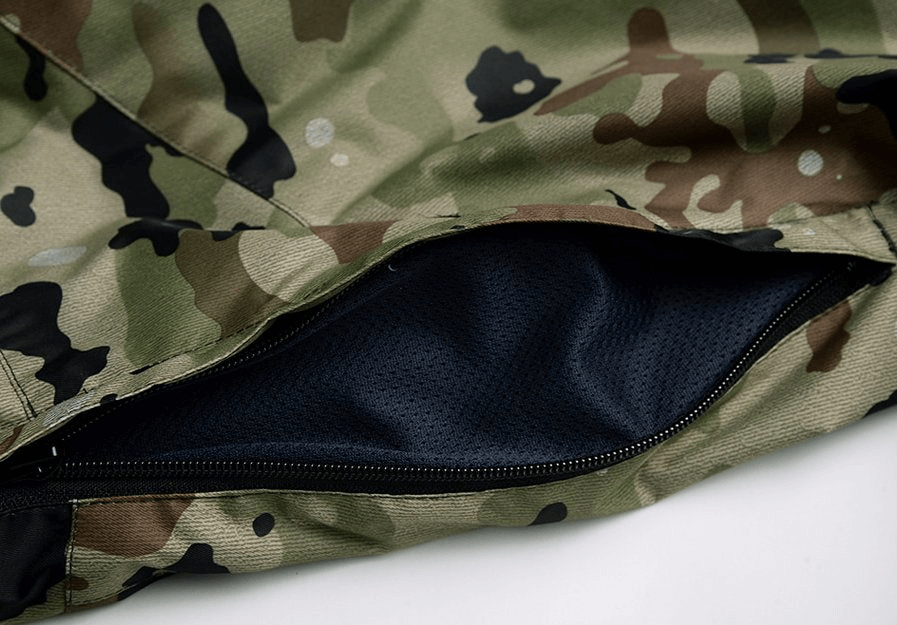 Close-up of camo Waterproof Windproof Insulated Sports Men's Pants featuring zipper detail, ideal for winter sports.