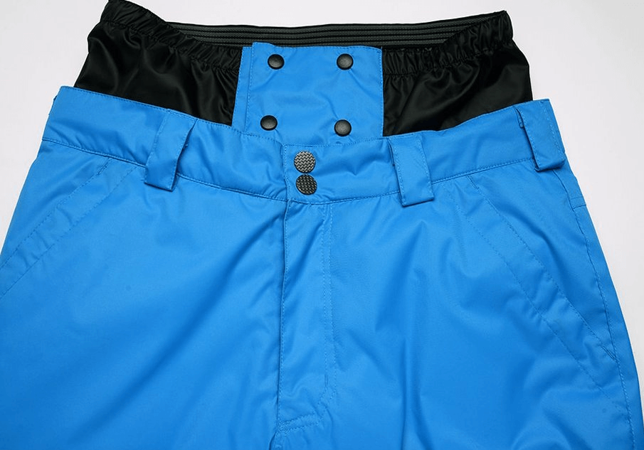 Blue waterproof windproof insulated men's sports pants with zipper fly, ideal for winter sports like skiing and snowboarding.