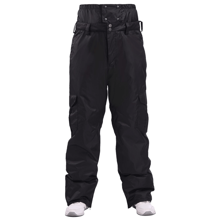Black waterproof windproof insulated men's sports pants, SF0733, perfect for winter sports, showcasing full-length design and zip closure.