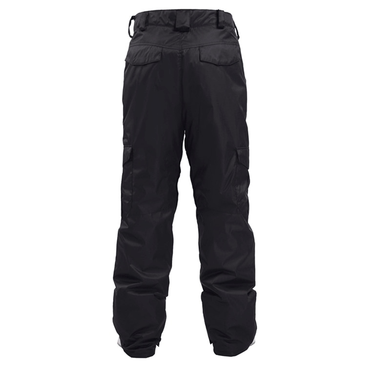 Back view of black waterproof windproof insulated men's sports pants for winter activities, featuring full-length design and zipper fly.