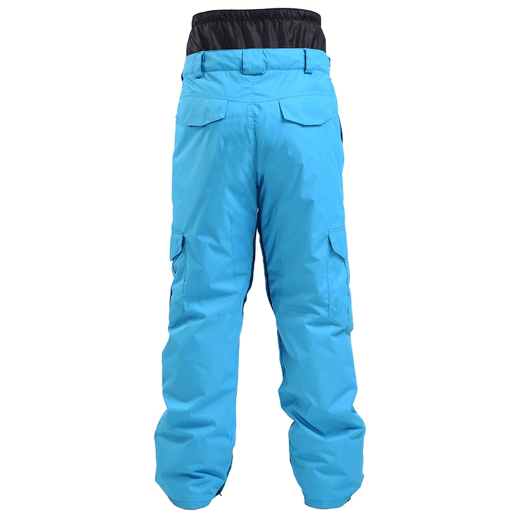 Back view of blue waterproof windproof insulated men's sports pants, ideal for winter sports like skiing and snowboarding.