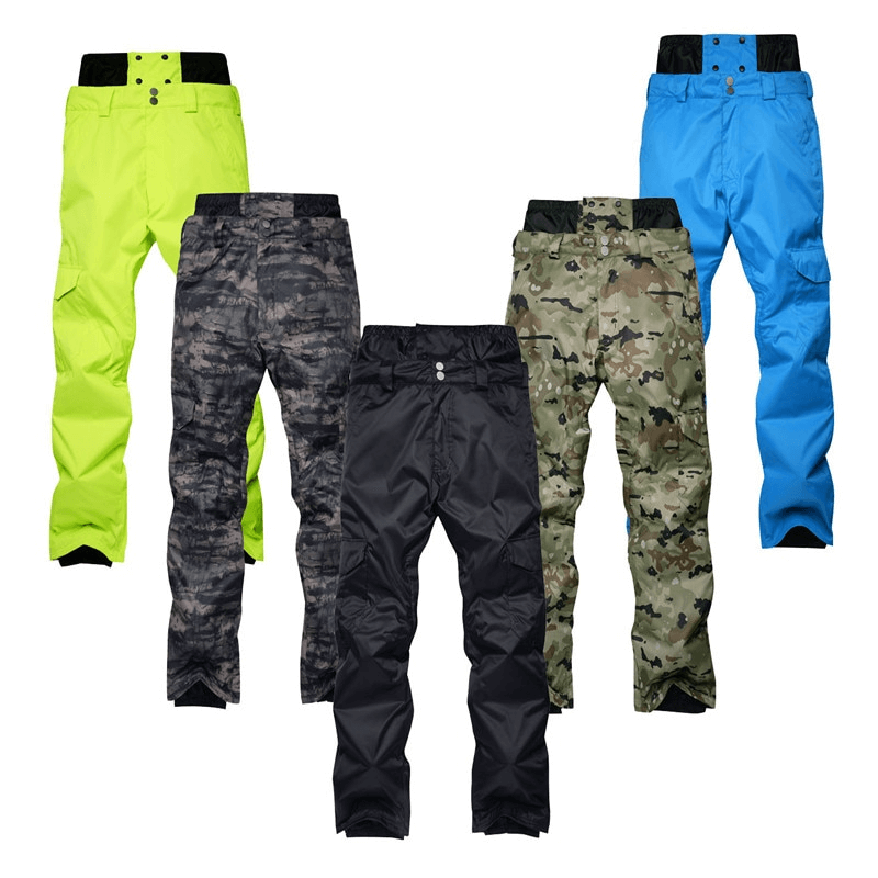 Colorful assortment of waterproof, windproof insulated sports men's pants, ideal for winter sports and outdoor activities.