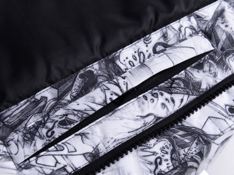 Close-up of patterned zipper on waterproof windproof men's ski jacket SF0922, designed for winter sports and skiing.