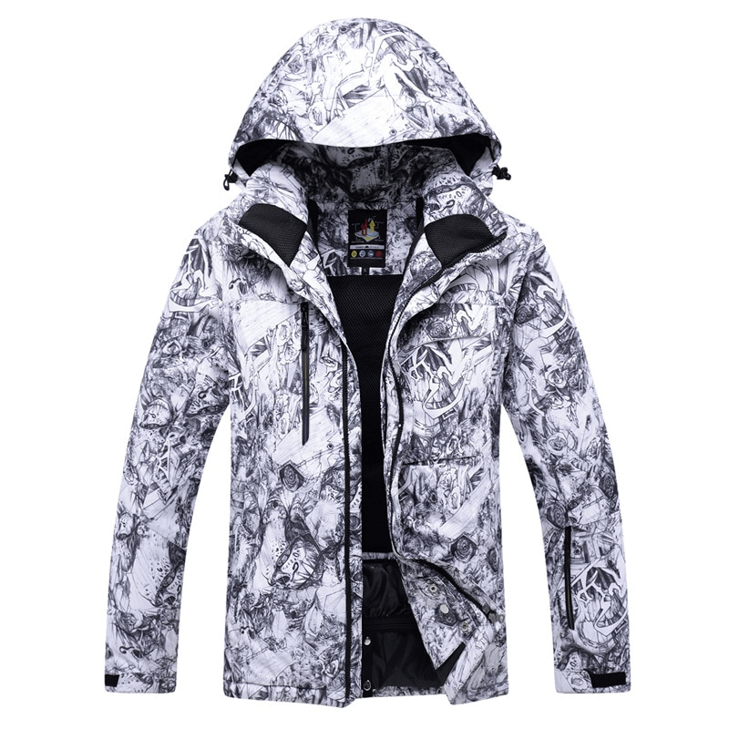 Waterproof windproof men's ski jacket in graphic print with hood, ideal for skiing and winter sports. SF0922 sports outerwear.