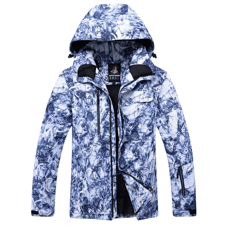 Men's waterproof windproof ski jacket, SF0922, featuring hooded collar in blue pattern. Ideal for winter sports and skiing.