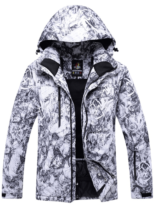Waterproof windproof men's ski jacket with hooded collar, stylish white and black pattern, perfect for staying warm while skiing.