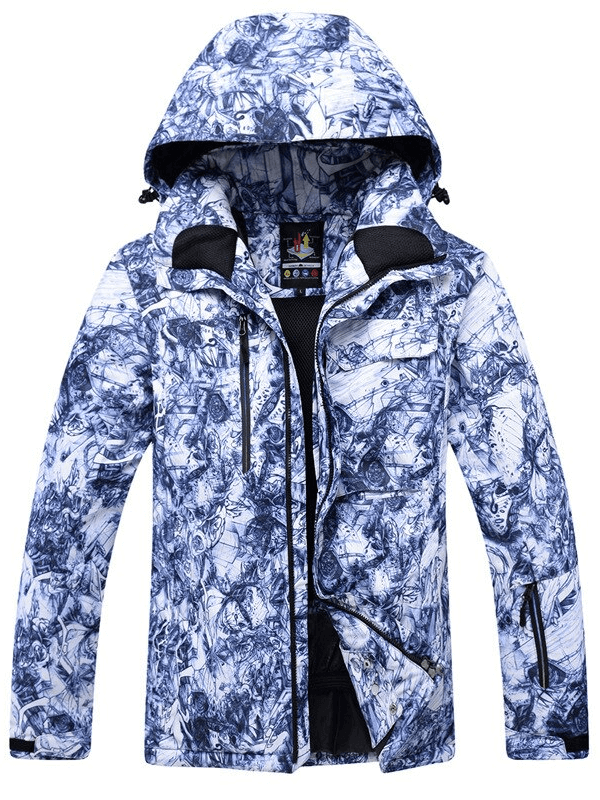 Stylish waterproof windproof men's ski jacket, hooded design, blue and white pattern, perfect for winter sports SF0922.